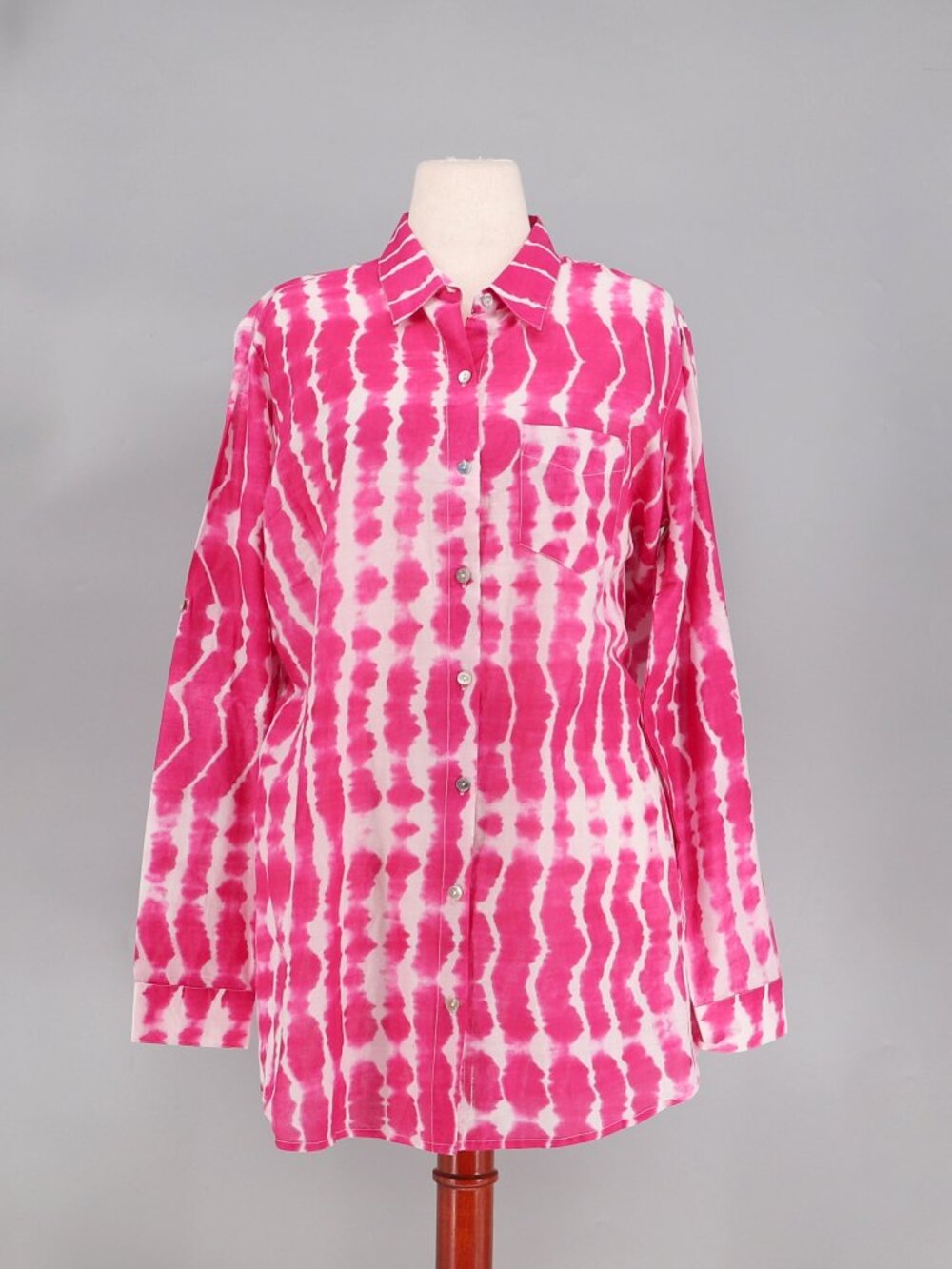 NWT KIKISOL Pink & White Tie Dye Boyfriend Tunic Shirt Roll Tab Sleeve Size L